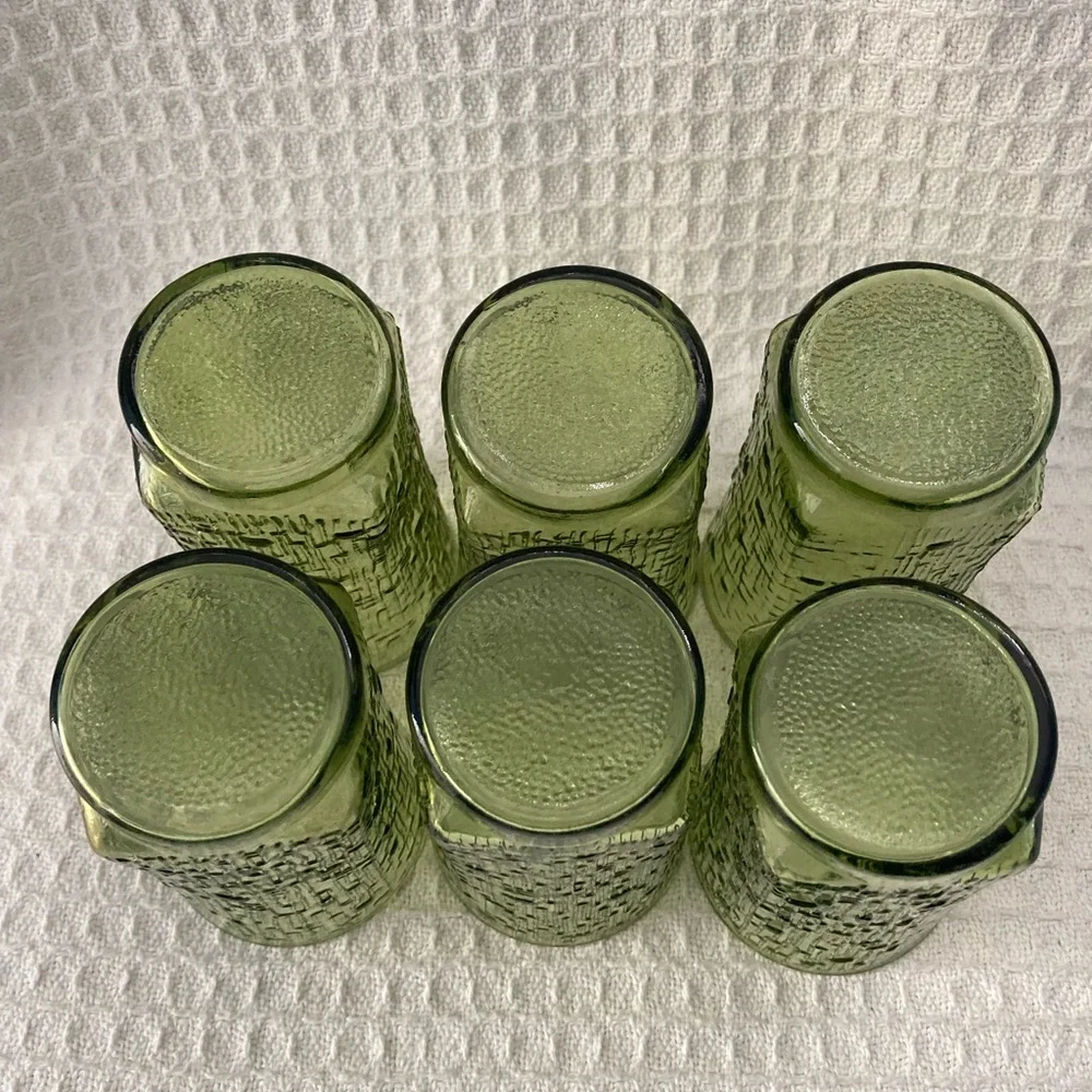 Vintage Anchor Hocking Avocado Green Pagoda Bamboo Pattern Glasses Set Of 6 12oz